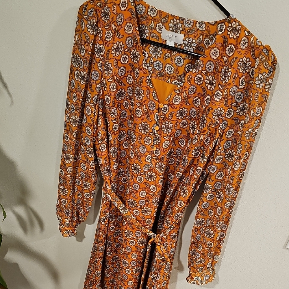 LOFT Vibrant Orange Floral Long Sleeve Dress